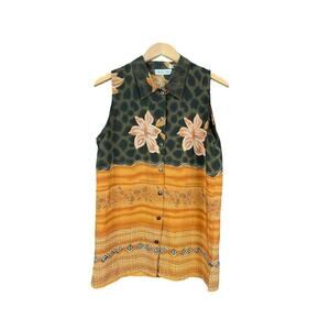 Marla Kim Olive Green & Rust Top Women Size Large Sleeveless Button Down Vintage